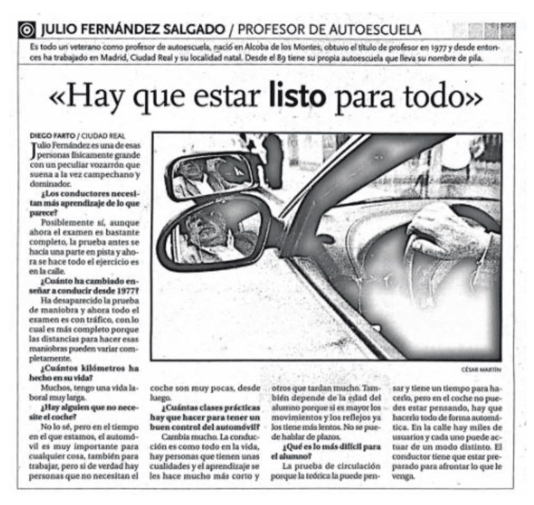Recorte de prensa: entrevista a Julio Fernández Salgado, fundador de Autoescuela Julio